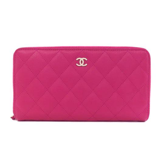 CHANEL Long Wallet Purse Grained Calfskin Skin pink Matelasse COCO Mark SilverMetal