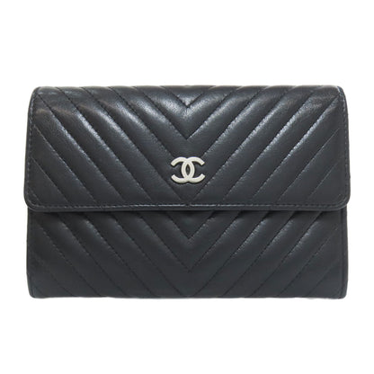 CHANEL Bifold Wallet Calfskin black COCO Mark Vstitch SilverMetal