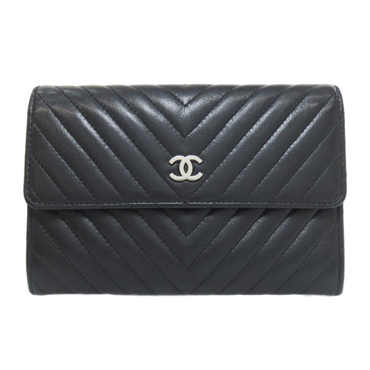 CHANEL Bifold Wallet Calfskin black COCO Mark Vstitch SilverMetal