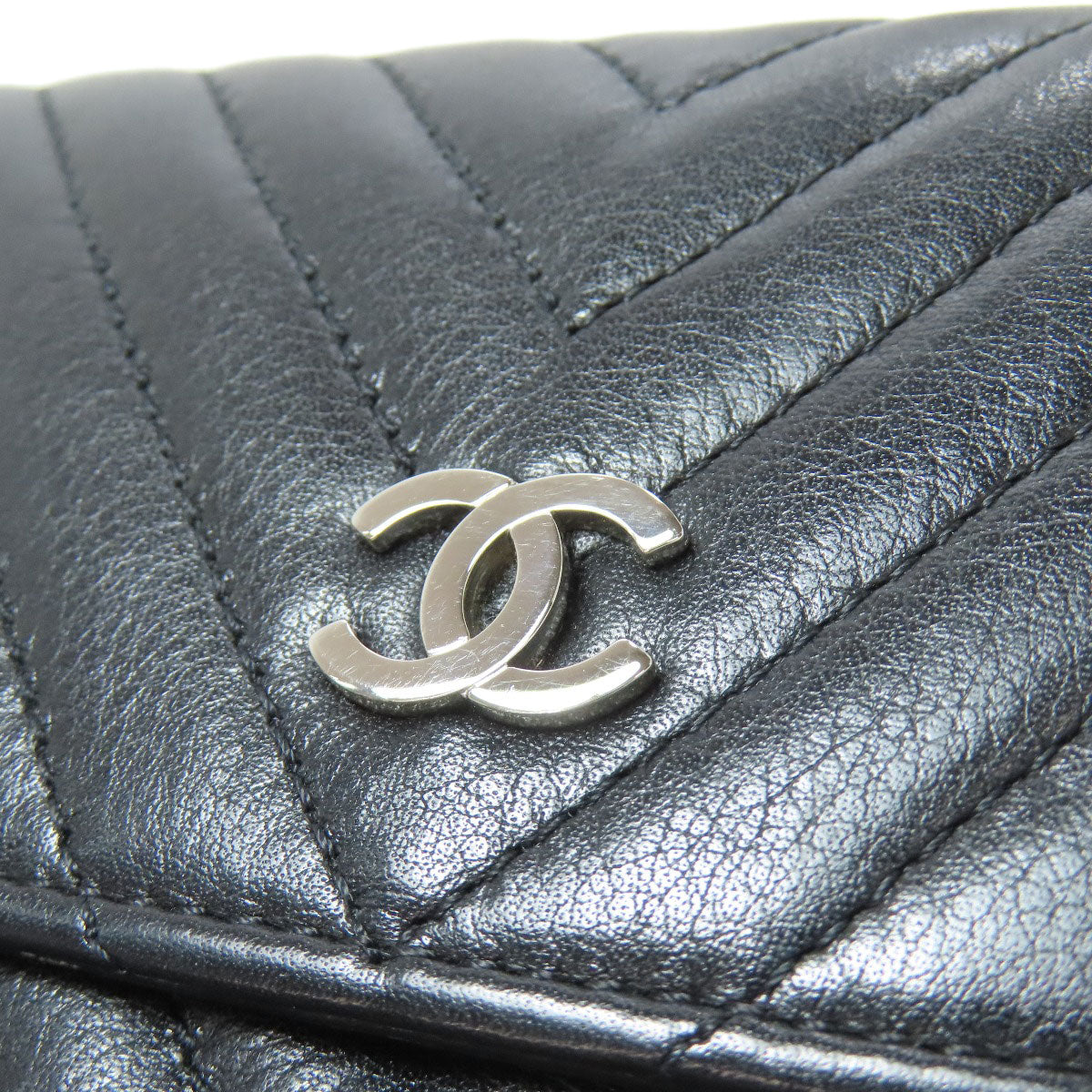 CHANEL Bifold Wallet Calfskin black COCO Mark Vstitch SilverMetal