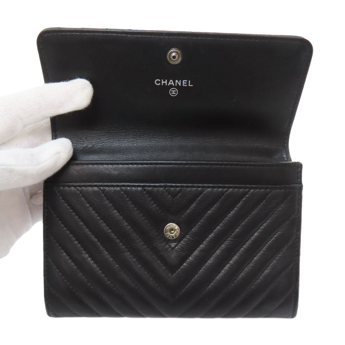 CHANEL Bifold Wallet Calfskin black COCO Mark Vstitch SilverMetal
