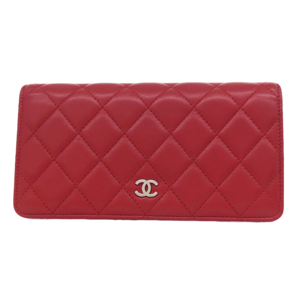 CHANEL Long Wallet Purse lambskin Red Matelasse COCO Mark SilverMetal