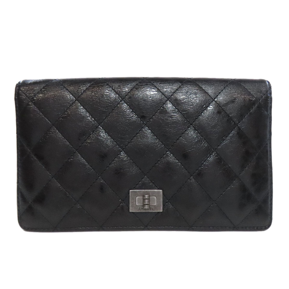 CHANEL Long Wallet Purse Calfskin black 2.55 Matelasse SilverMetal