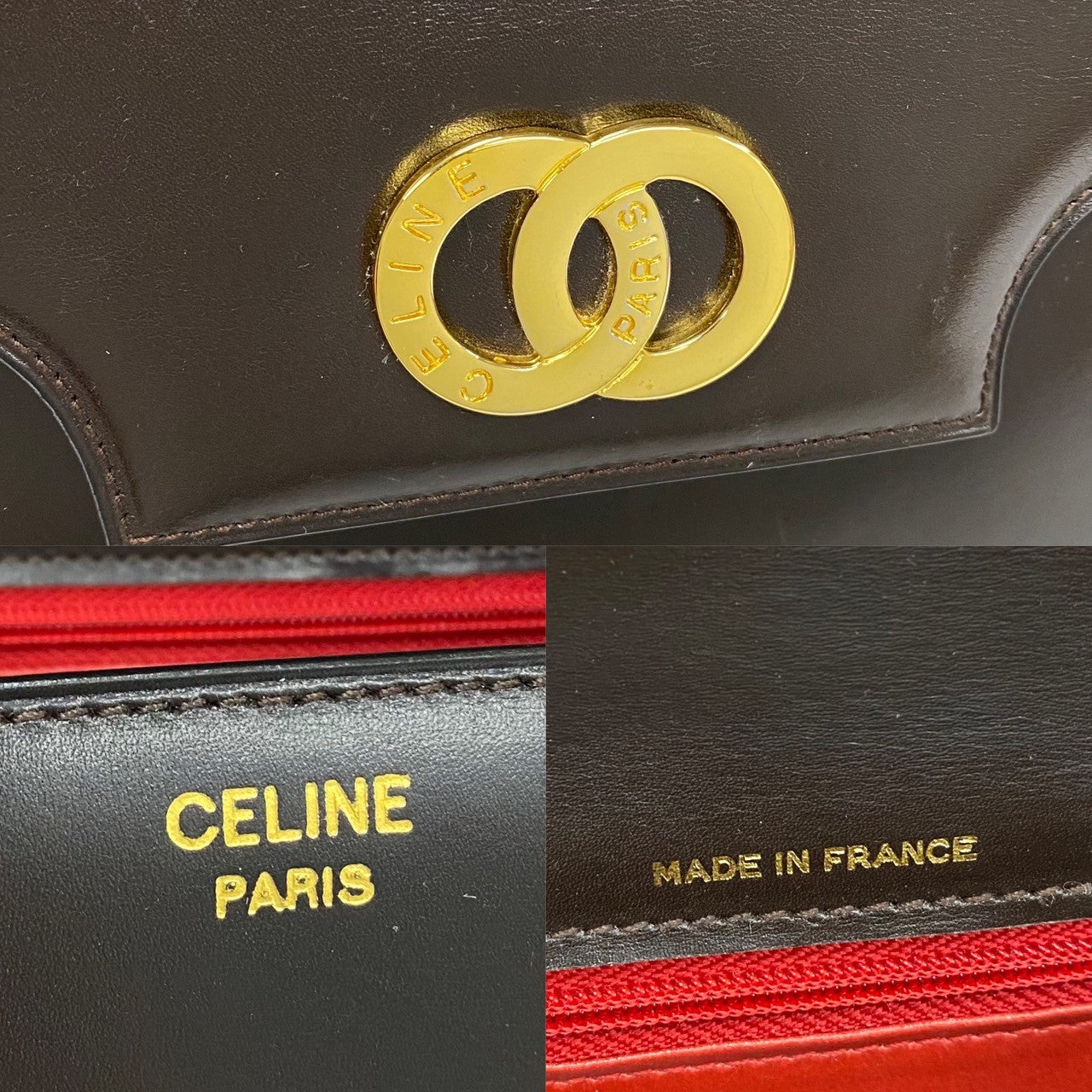 CELINE Tote Bag Calfskin Brown Circle Logo Metal Women Used Authentic