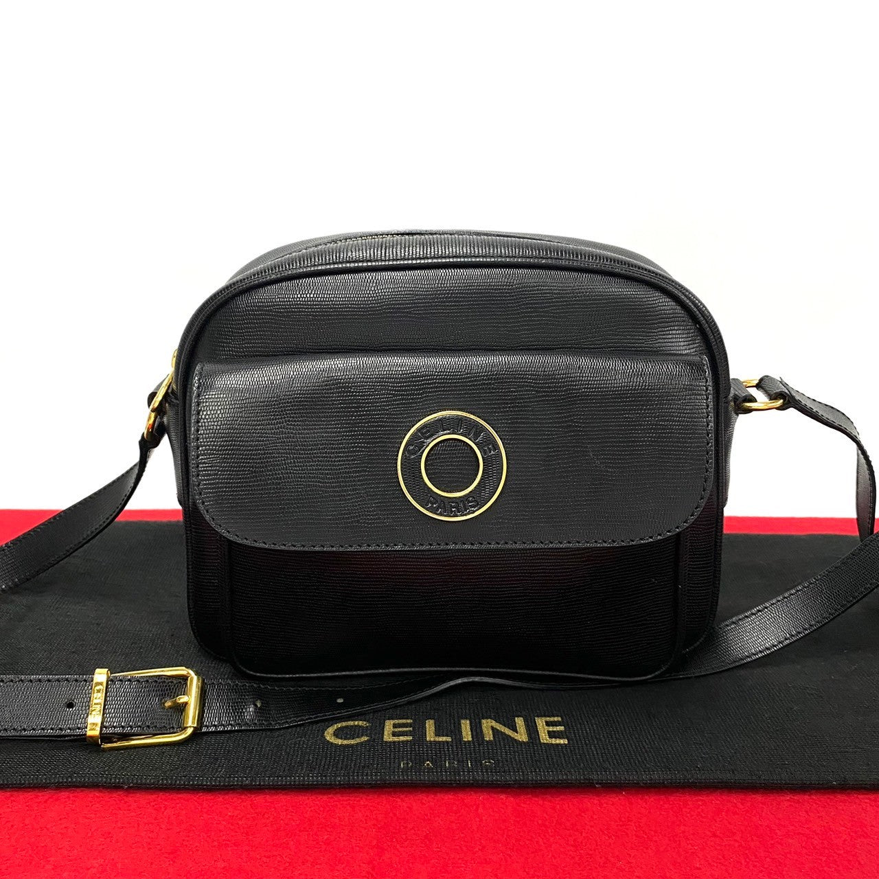 CELINE Shoulder Bag leather black Circle logo Women(Unisex) Used Authentic