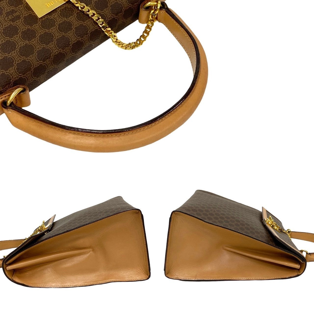CELINE Handbag Leather, PVC Brown Macadam Blason Triomphe logo ring Metal Women Used Authentic