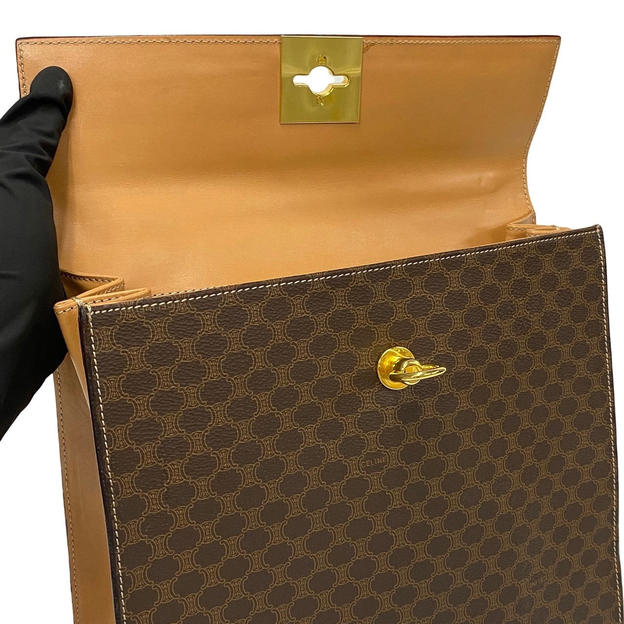 CELINE Handbag Leather, PVC Brown Macadam Blason Triomphe logo ring Metal Women Used Authentic