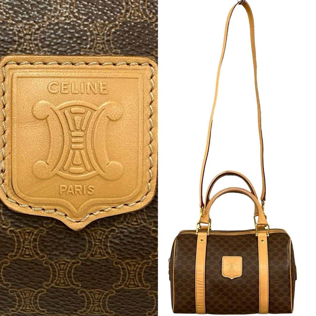 CELINE Shoulder Bag Leather, PVC Brown Macadam Blason Triomphe Pattern Women Used Authentic
