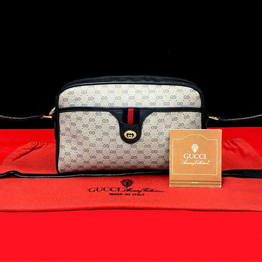 GUCCI Shoulder Bag Leather, PVC Navy Micro GG Sherry line Women Used Authentic