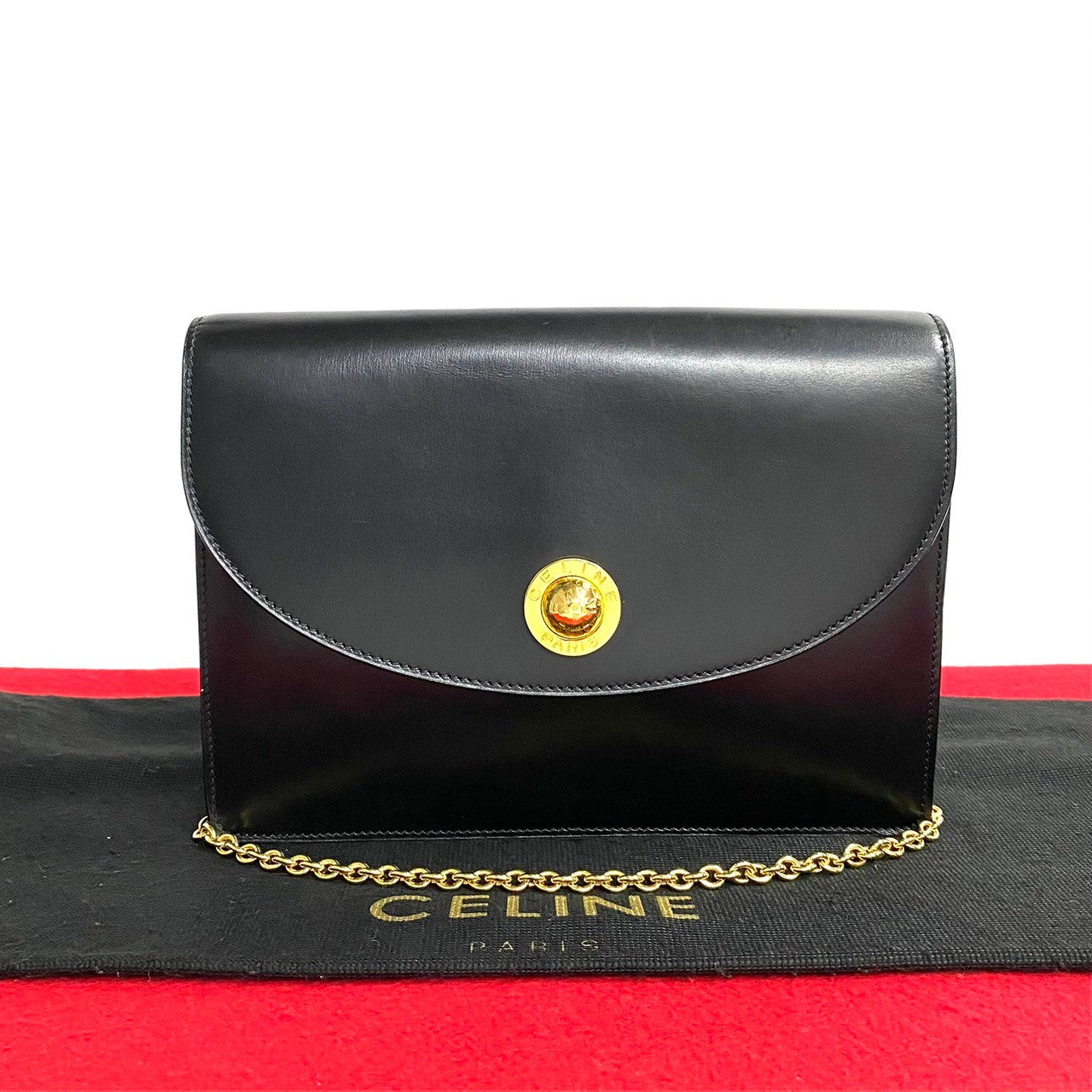 CELINE Shoulder Bag leather black Star Ball logo Metal Women Used Authentic