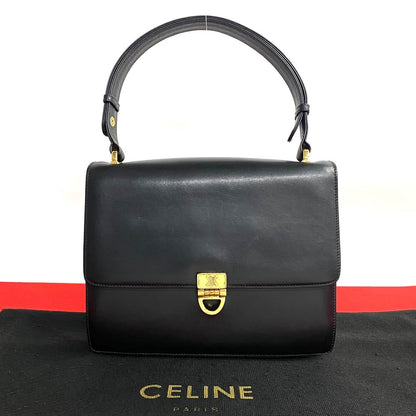 CELINE Shoulder Bag leather black Triomphe logo Metal Women Used Authentic