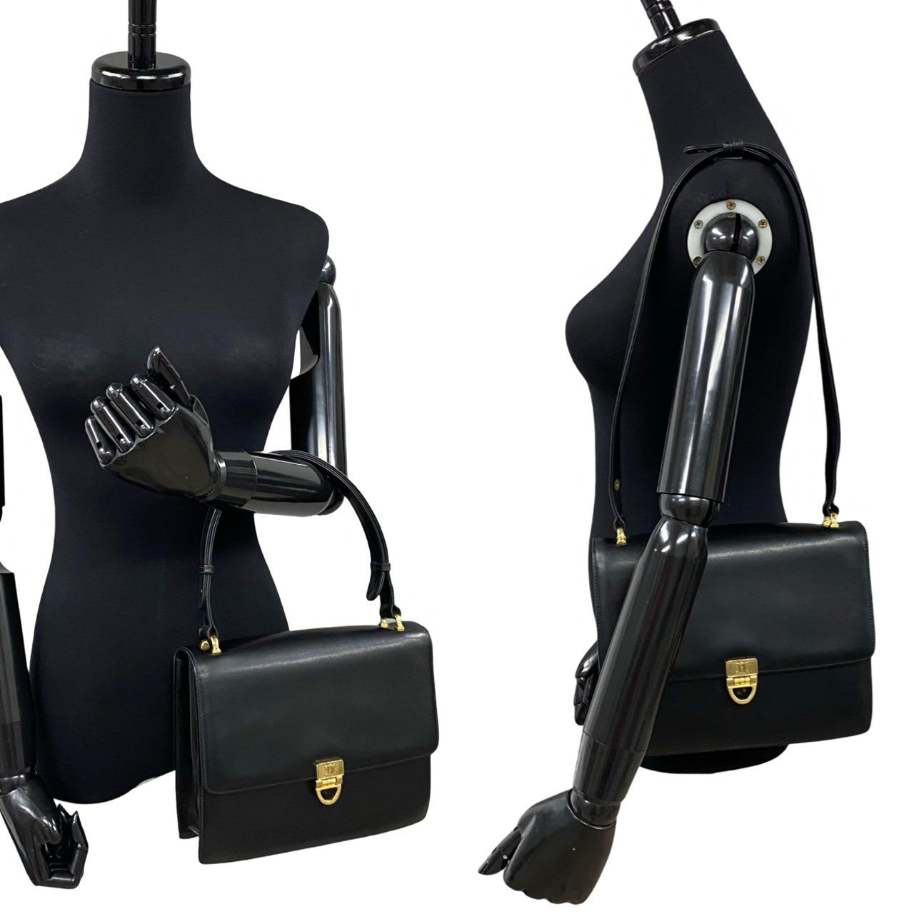 CELINE Shoulder Bag leather black Triomphe logo Metal Women Used Authentic