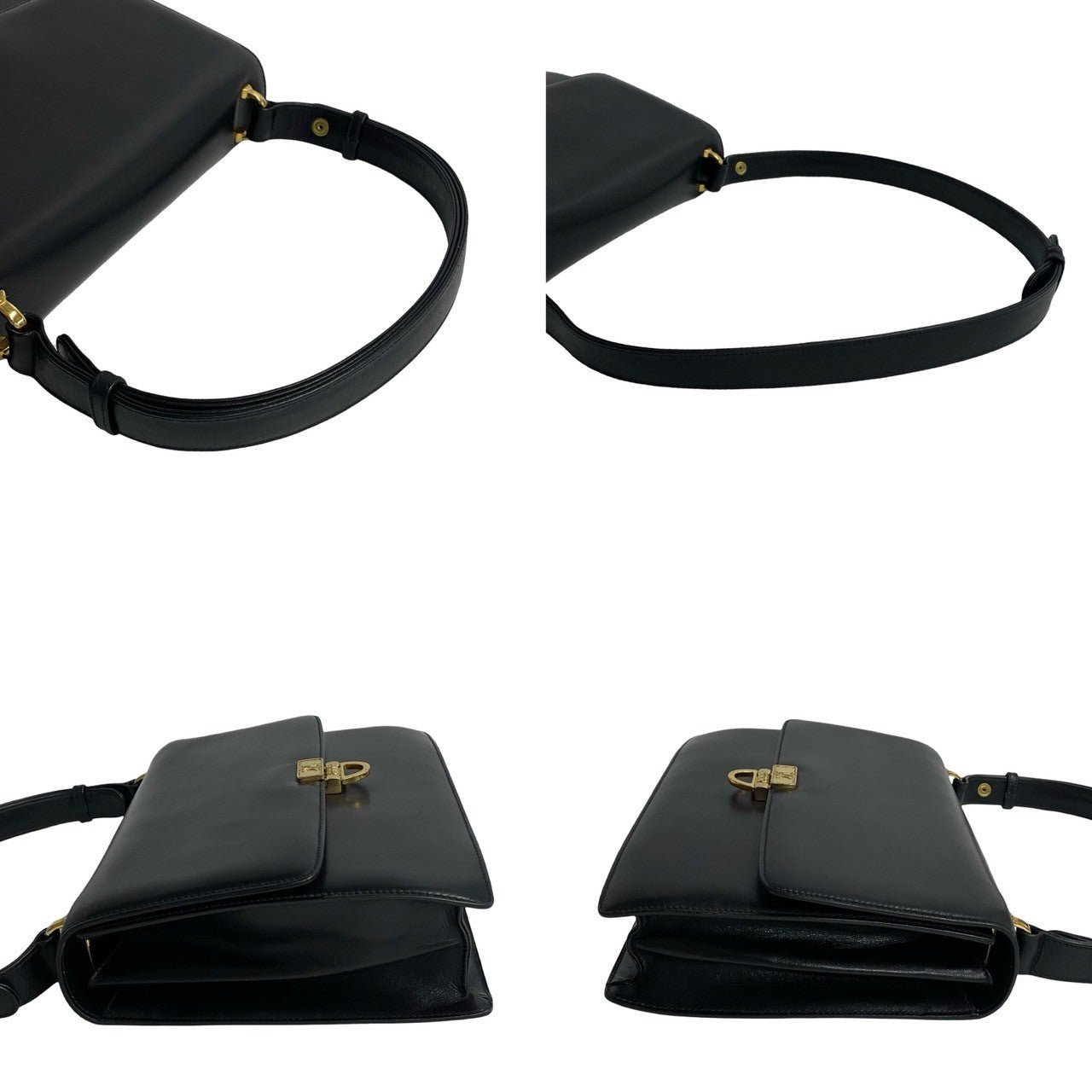 CELINE Shoulder Bag leather black Triomphe logo Metal Women Used Authentic