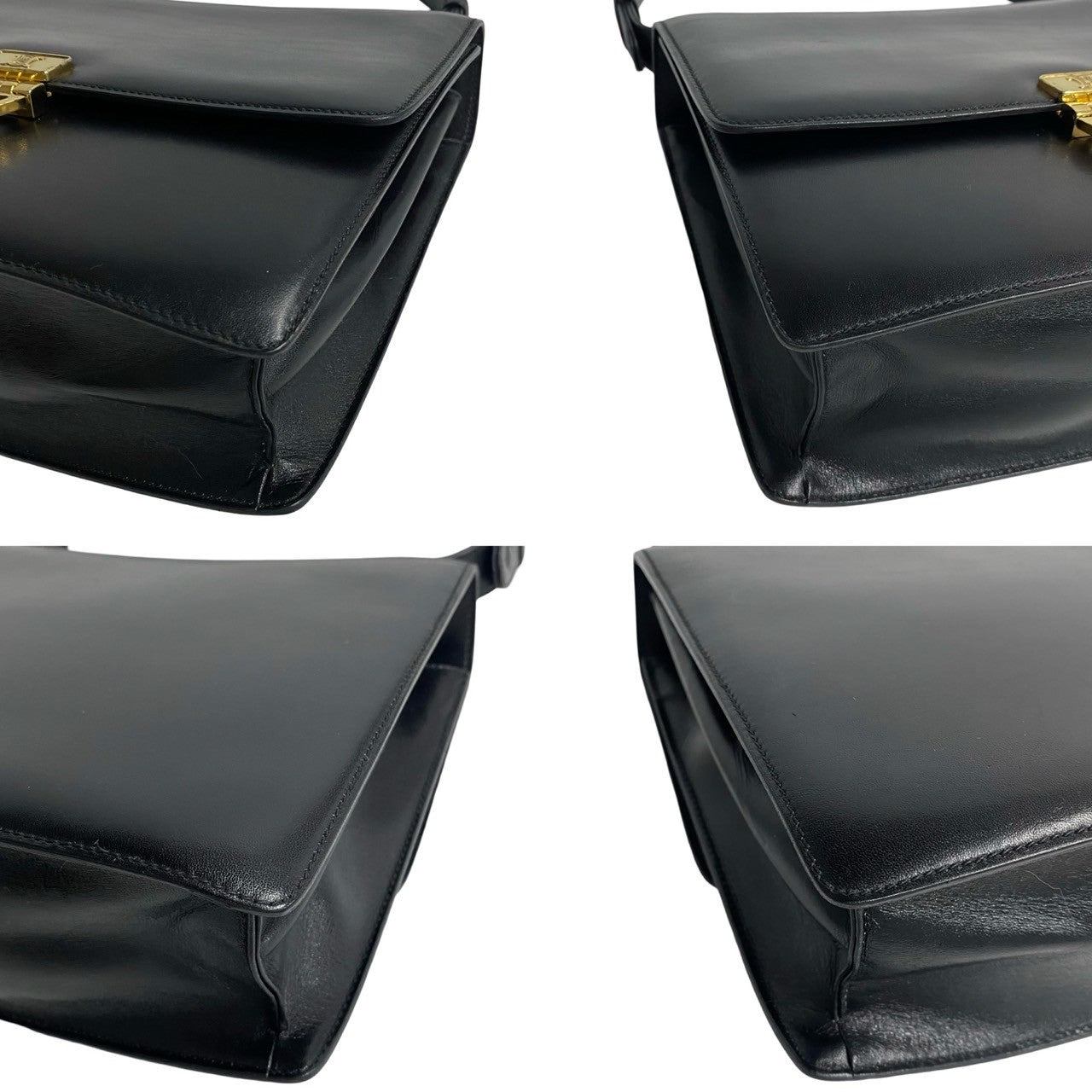 CELINE Shoulder Bag leather black Triomphe logo Metal Women Used Authentic