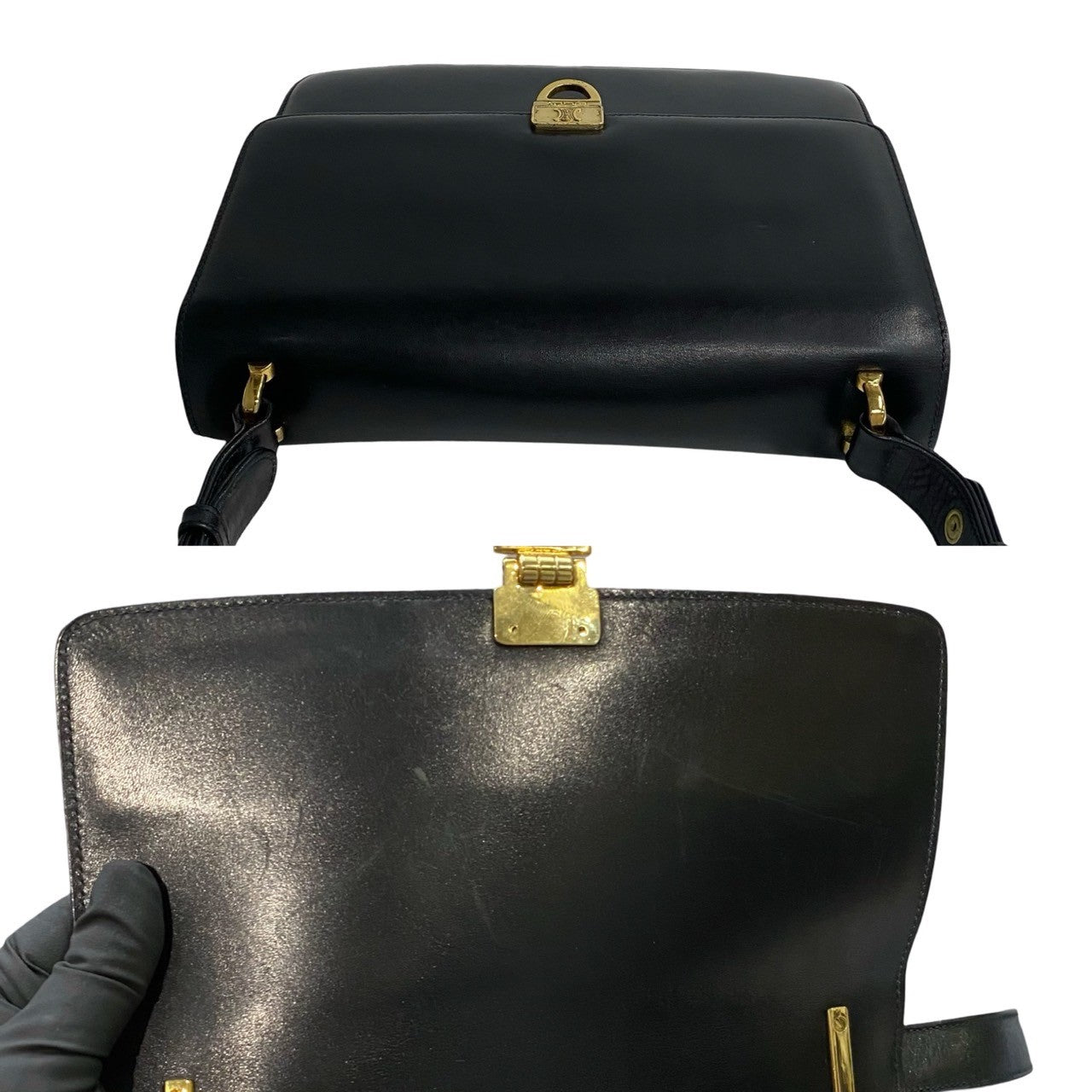 CELINE Shoulder Bag leather black Triomphe logo Metal Women Used Authentic
