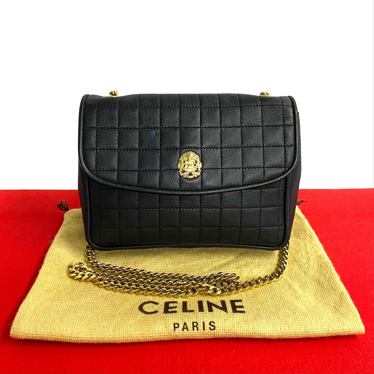 CELINE Shoulder Bag leather black Triomphe logo Metal Women Used Authentic