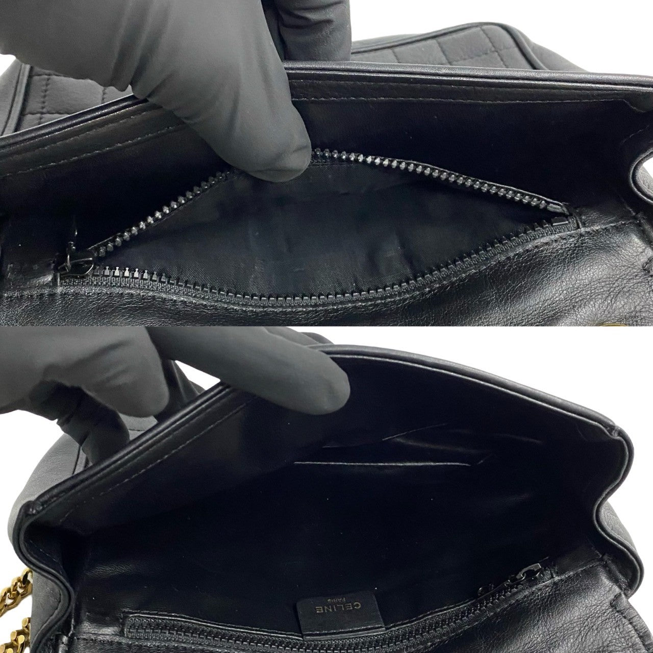 CELINE Shoulder Bag leather black Triomphe logo Metal Women Used Authentic