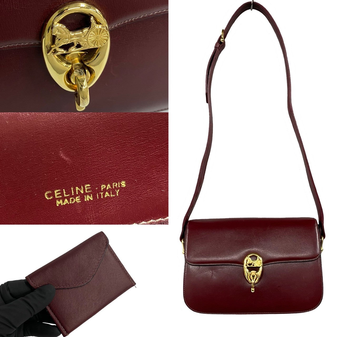 CELINE Shoulder Bag Calfskin, Leather wine-red Carriage Metal Women Used Authentic