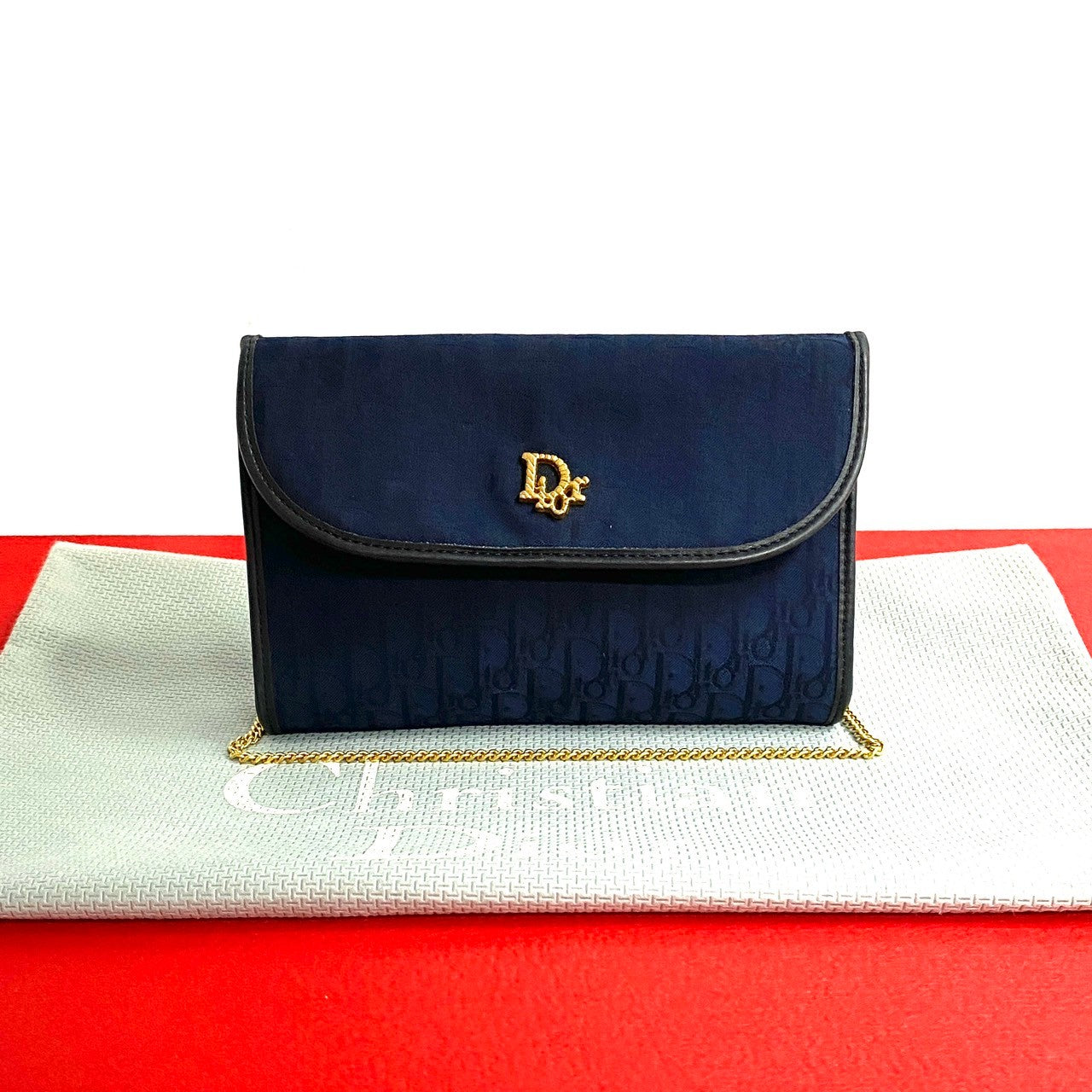 Dior Shoulder Bag Canvas, Leather Navy Trotter Pattern Women Used Authentic