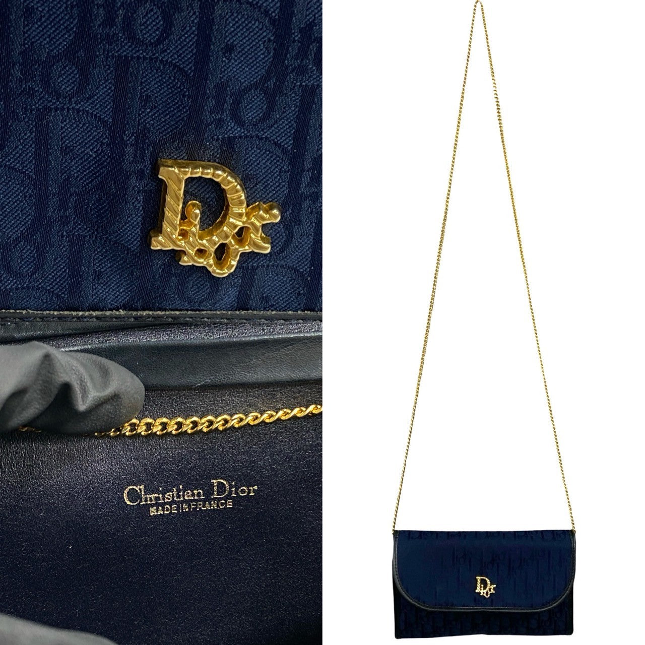 Dior Shoulder Bag Canvas, Leather Navy Trotter Pattern Women Used Authentic