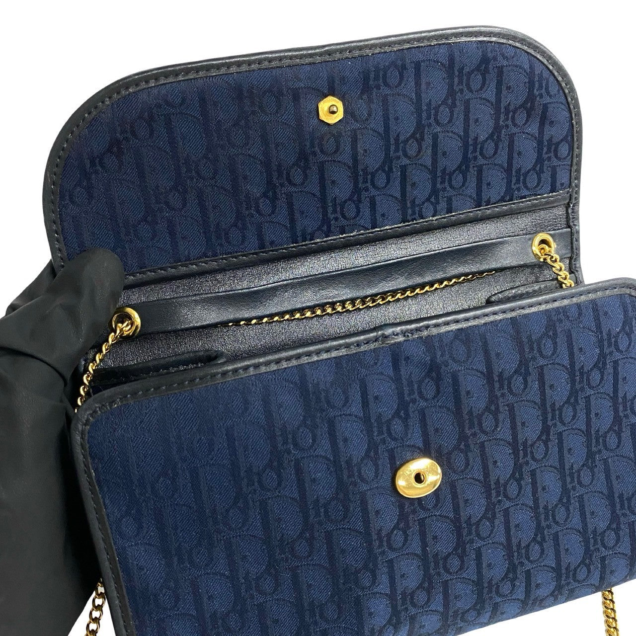 Dior Shoulder Bag Canvas, Leather Navy Trotter Pattern Women Used Authentic
