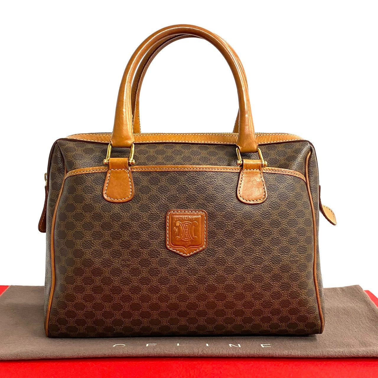 CELINE Boston Duffel bag Leather, PVC Brown Macadam Blazon Pattern Triomphe logo Women(Unisex) Used Authentic
