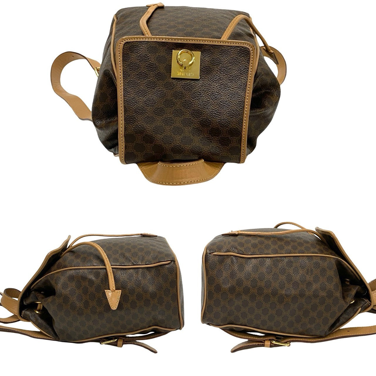 CELINE Backpack Leather, PVC Brown Macadam Blason Triomphe Pattern logo ring Metal Women Used Authentic
