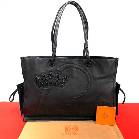 LOEWE Tote Bag leather black logo Shopper tote Women Used Authentic