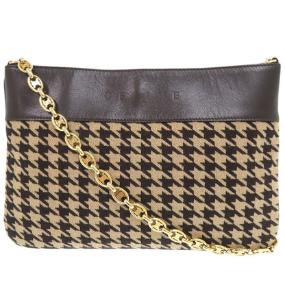 CELINE Shoulder Bag Fabric, Leather Brown Vintage Triomphe Chain Houndstooth Pattern