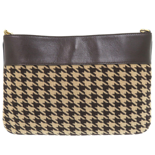 CELINE Shoulder Bag Fabric, Leather Brown Vintage Triomphe Chain Houndstooth Pattern