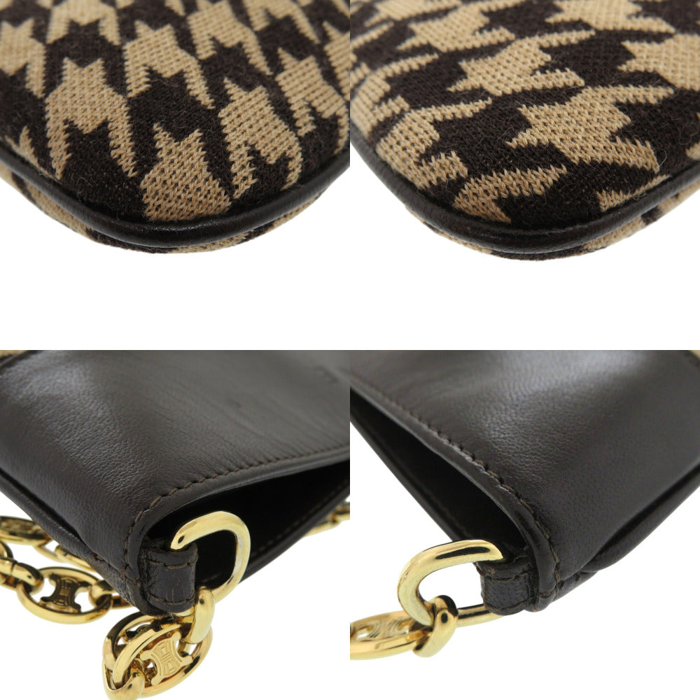 CELINE Shoulder Bag Fabric, Leather Brown Vintage Triomphe Chain Houndstooth Pattern