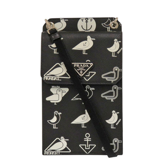 PRADA Shoulder Bag 2ZH068 Safiano leather black Smartphone Shoulder Marine Pattern Seagull iPhone case Smartphone case Women Used Authentic