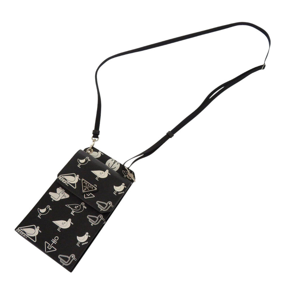 PRADA Shoulder Bag 2ZH068 Safiano leather black Smartphone Shoulder Marine Pattern Seagull iPhone case Smartphone case Women Used Authentic