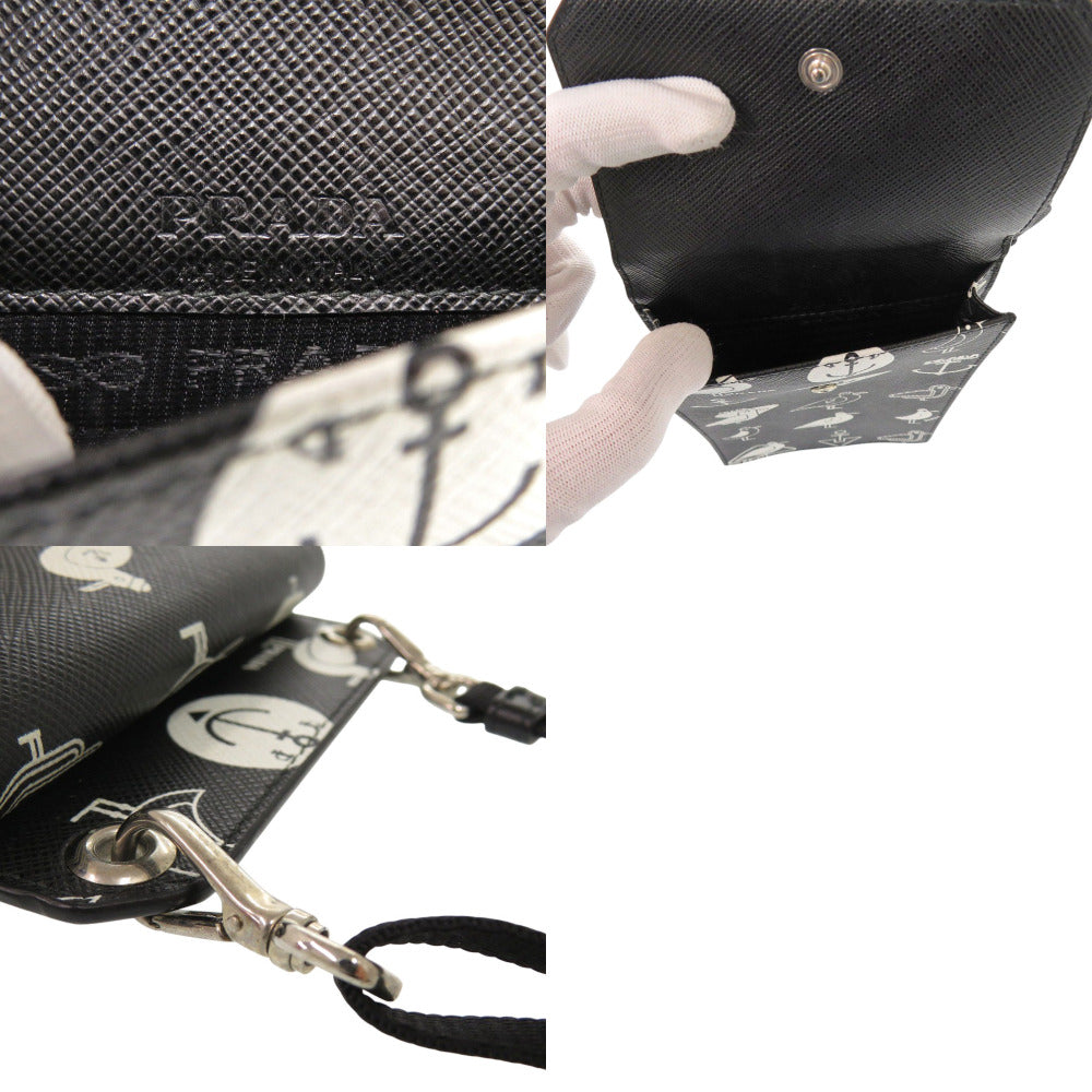 PRADA Shoulder Bag 2ZH068 Safiano leather black Smartphone Shoulder Marine Pattern Seagull iPhone case Smartphone case Women Used Authentic