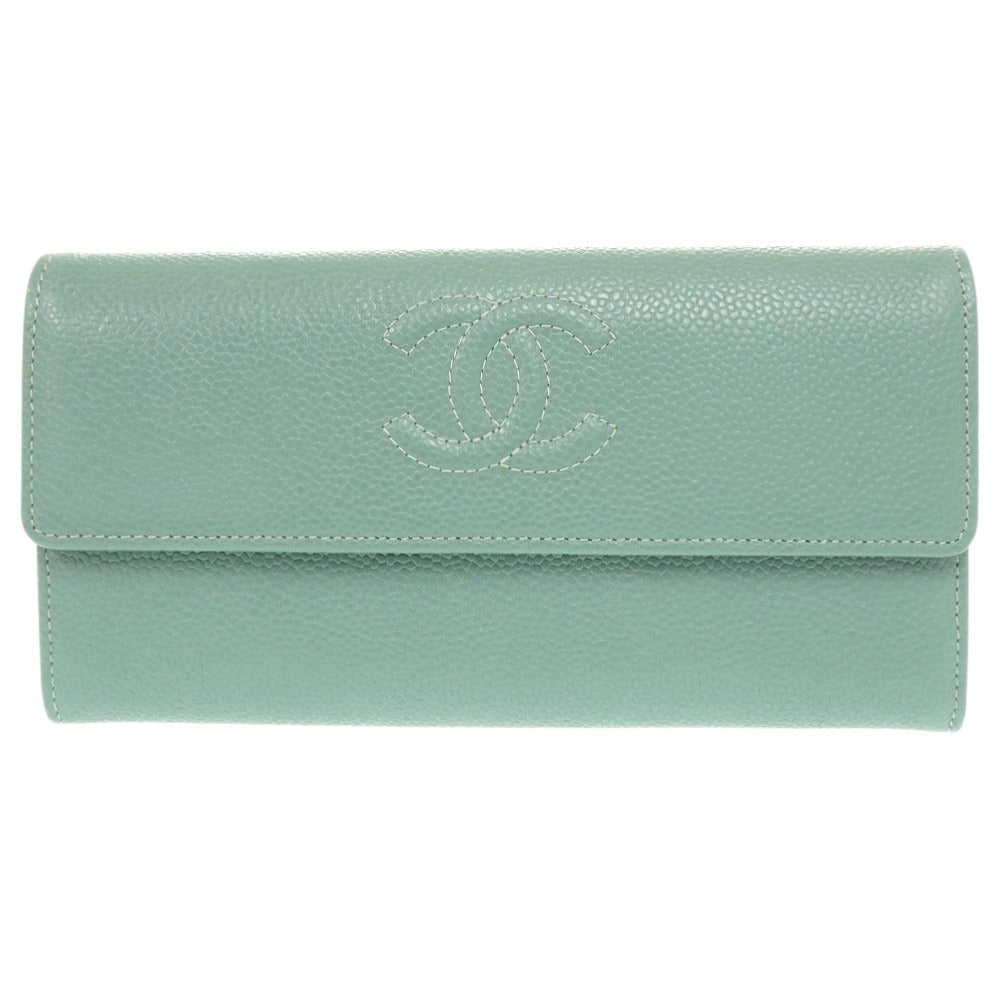 CHANEL Long Wallet Purse Caviar skin Mint green COCO Mark Women Used Authentic