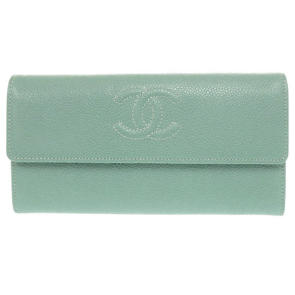 CHANEL Long Wallet Purse Caviar skin Mint green COCO Mark Women Used Authentic
