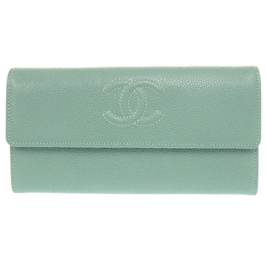 CHANEL Long Wallet Purse Caviar skin Mint green COCO Mark Women Used Authentic