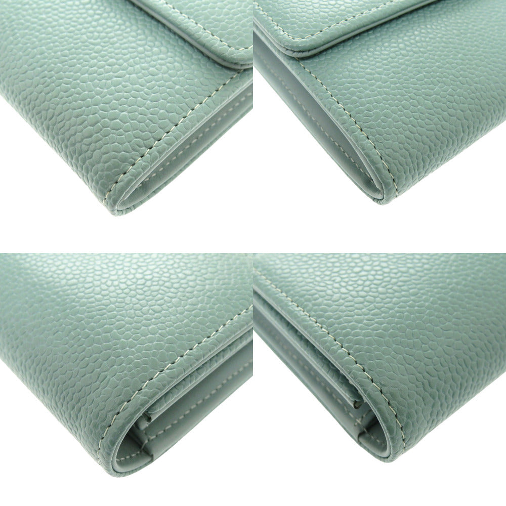 CHANEL Long Wallet Purse Caviar skin Mint green COCO Mark Women Used Authentic