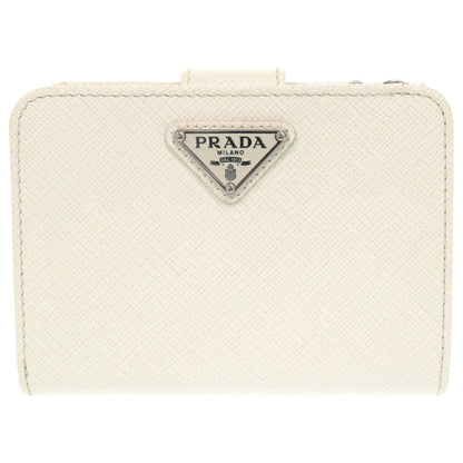 PRADA Bifold Wallet leather white saffiano triangle Women Used Authentic