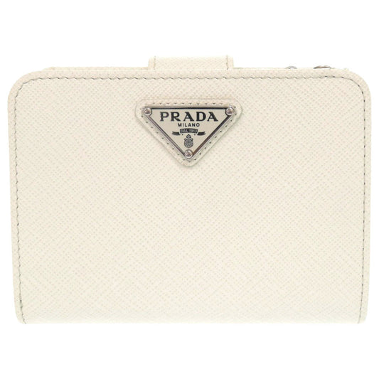 PRADA Bifold Wallet leather white saffiano triangle Women Used Authentic