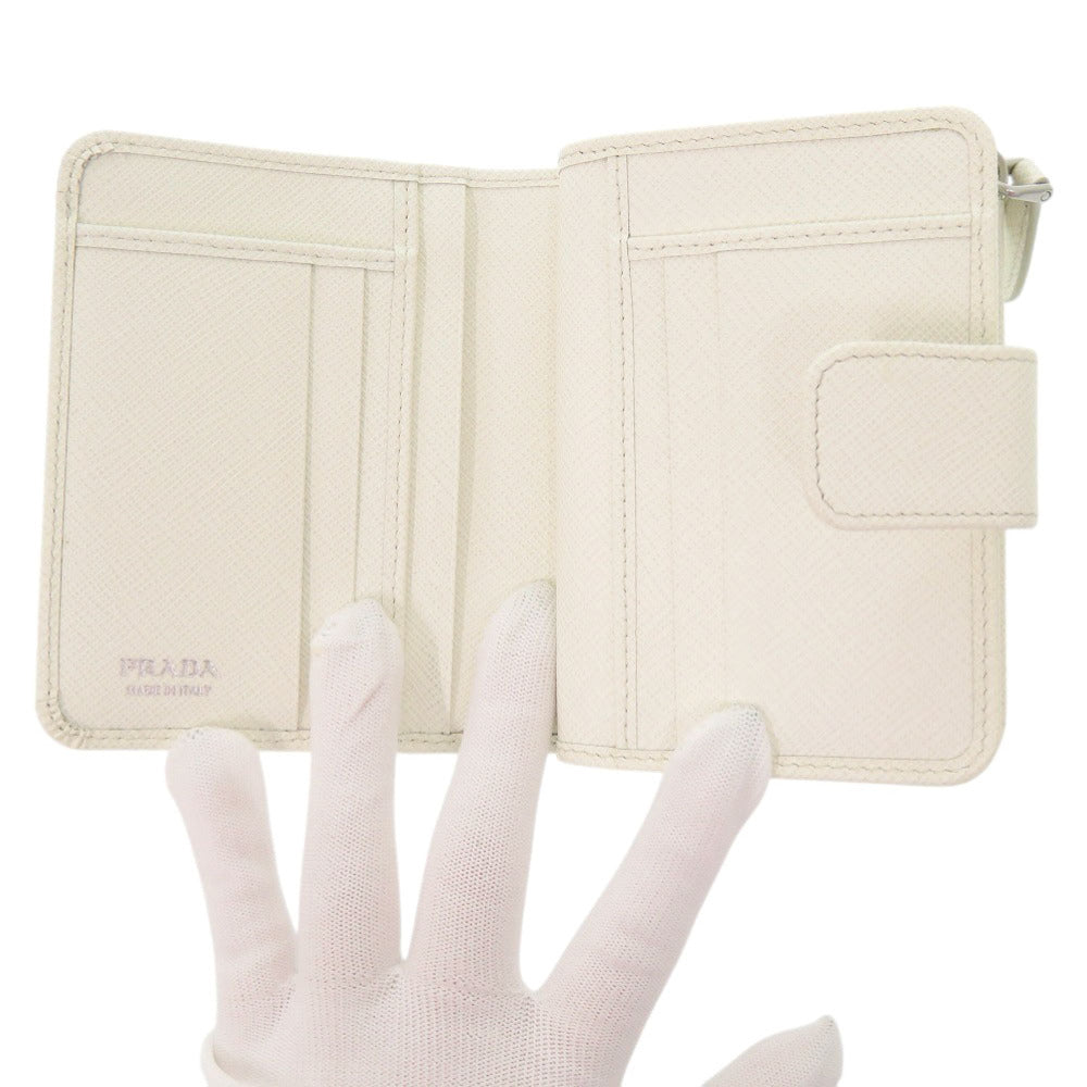 PRADA Bifold Wallet leather white saffiano triangle Women Used Authentic