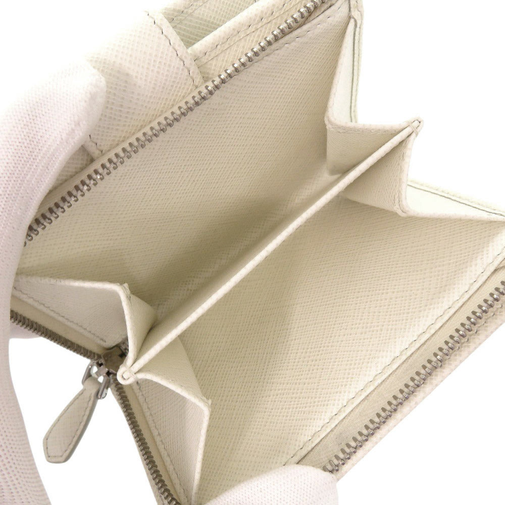 PRADA Bifold Wallet leather white saffiano triangle Women Used Authentic