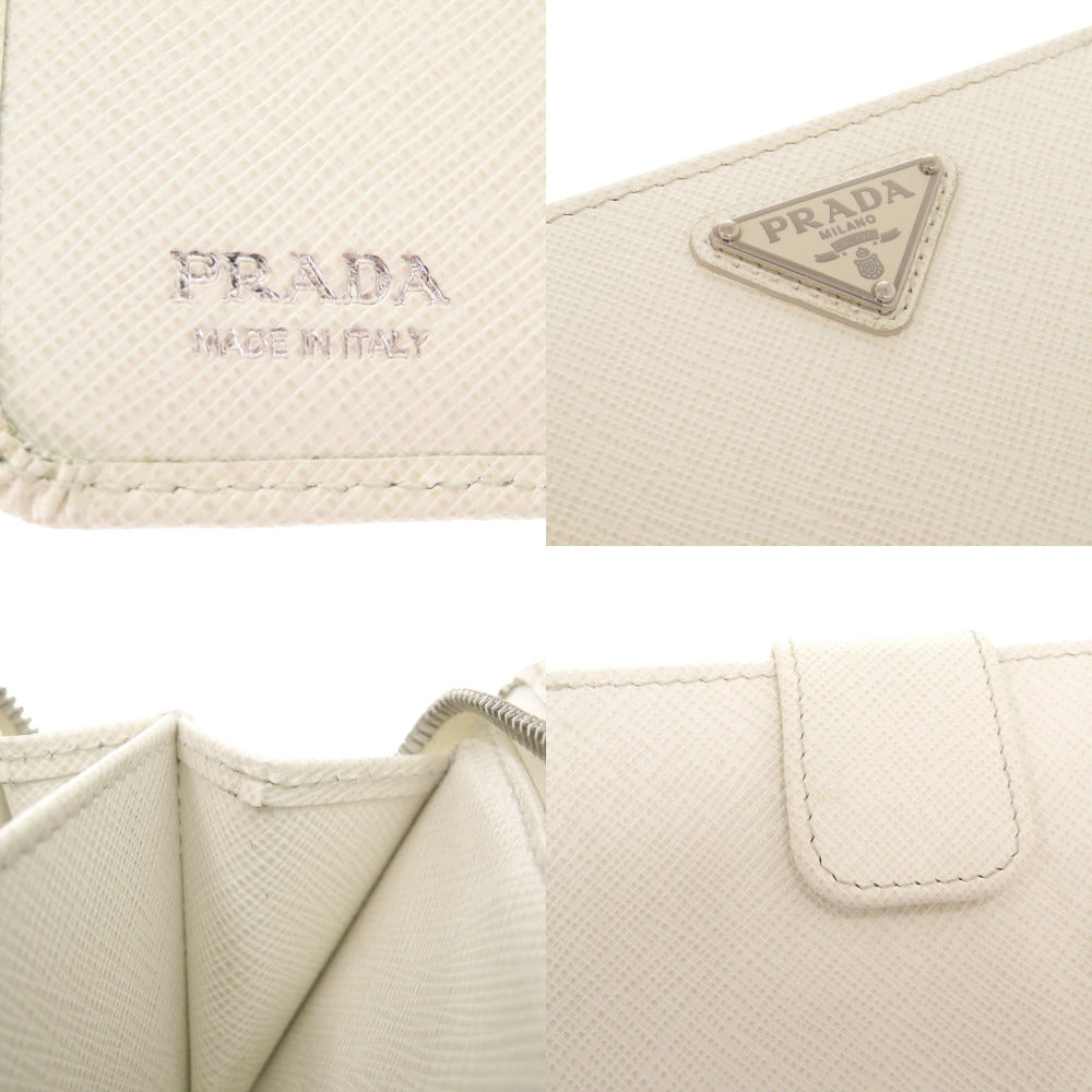 PRADA Bifold Wallet leather white saffiano triangle Women Used Authentic
