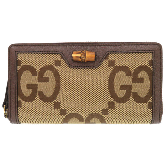 GUCCI Long Wallet Purse 658634 Canvas, Leather Brown Zip Around Jumbo GG Bamboo Women Used Authentic