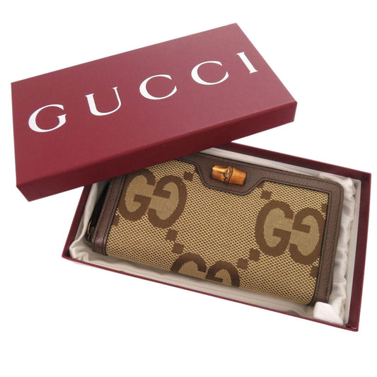 GUCCI Long Wallet Purse 658634 Canvas, Leather Brown Zip Around Jumbo GG Bamboo Women Used Authentic