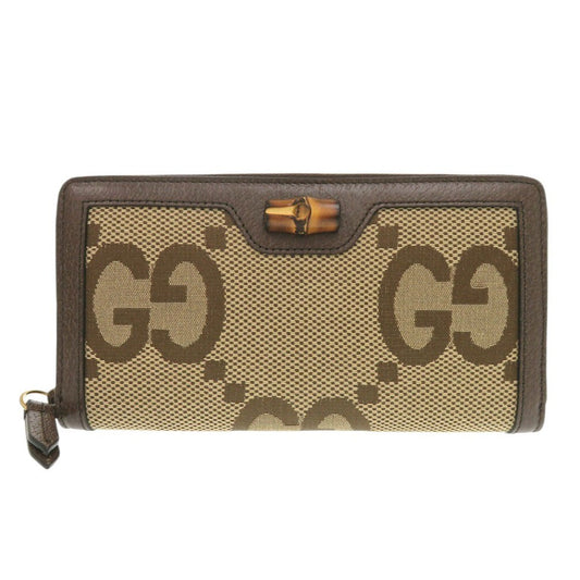 GUCCI Long Wallet Purse 658634 Canvas, Leather Brown Jumbo GG Bamboo Women Used Authentic