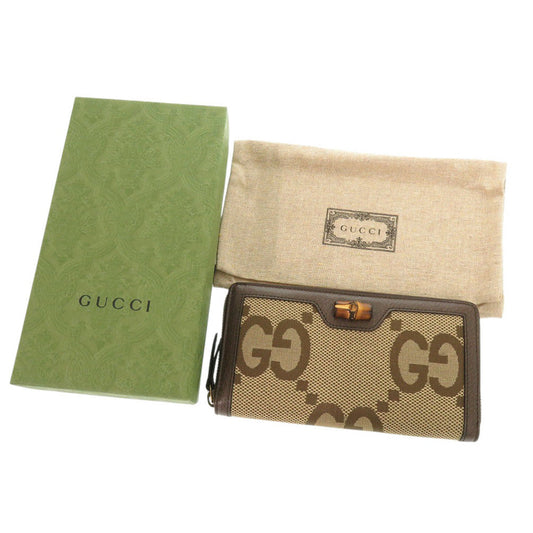 GUCCI Long Wallet Purse 658634 Canvas, Leather Brown Jumbo GG Bamboo Women Used Authentic