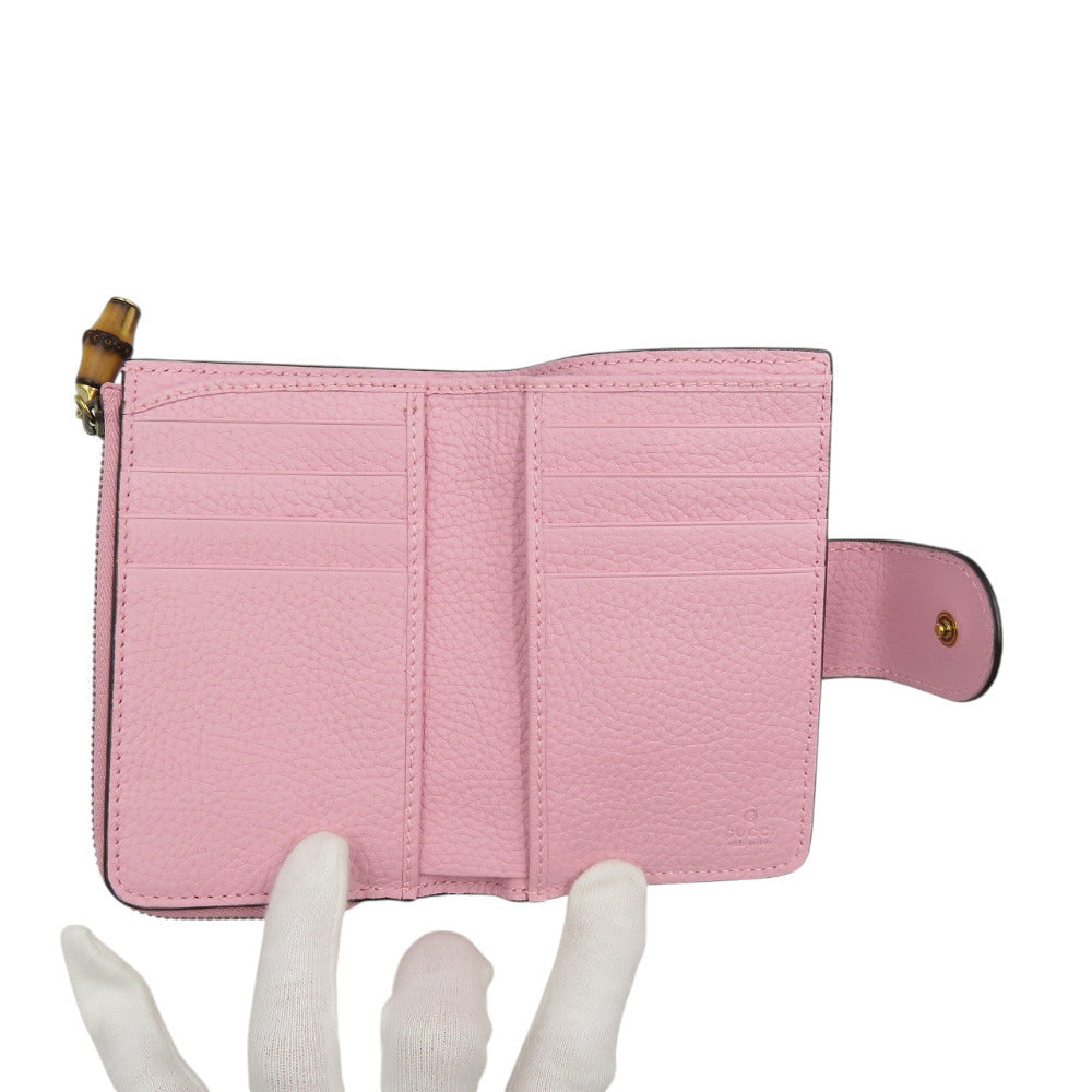 GUCCI Bifold Wallet 739498 leather pink Double G Medium Wallet with Bamboo Women Used Authentic