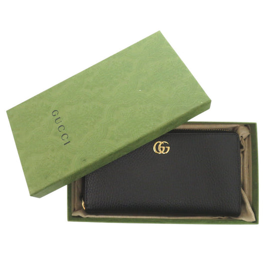 GUCCI Long Wallet Purse 456117 Leather, 8616 black Zip Around GG Marmont Women Used Authentic