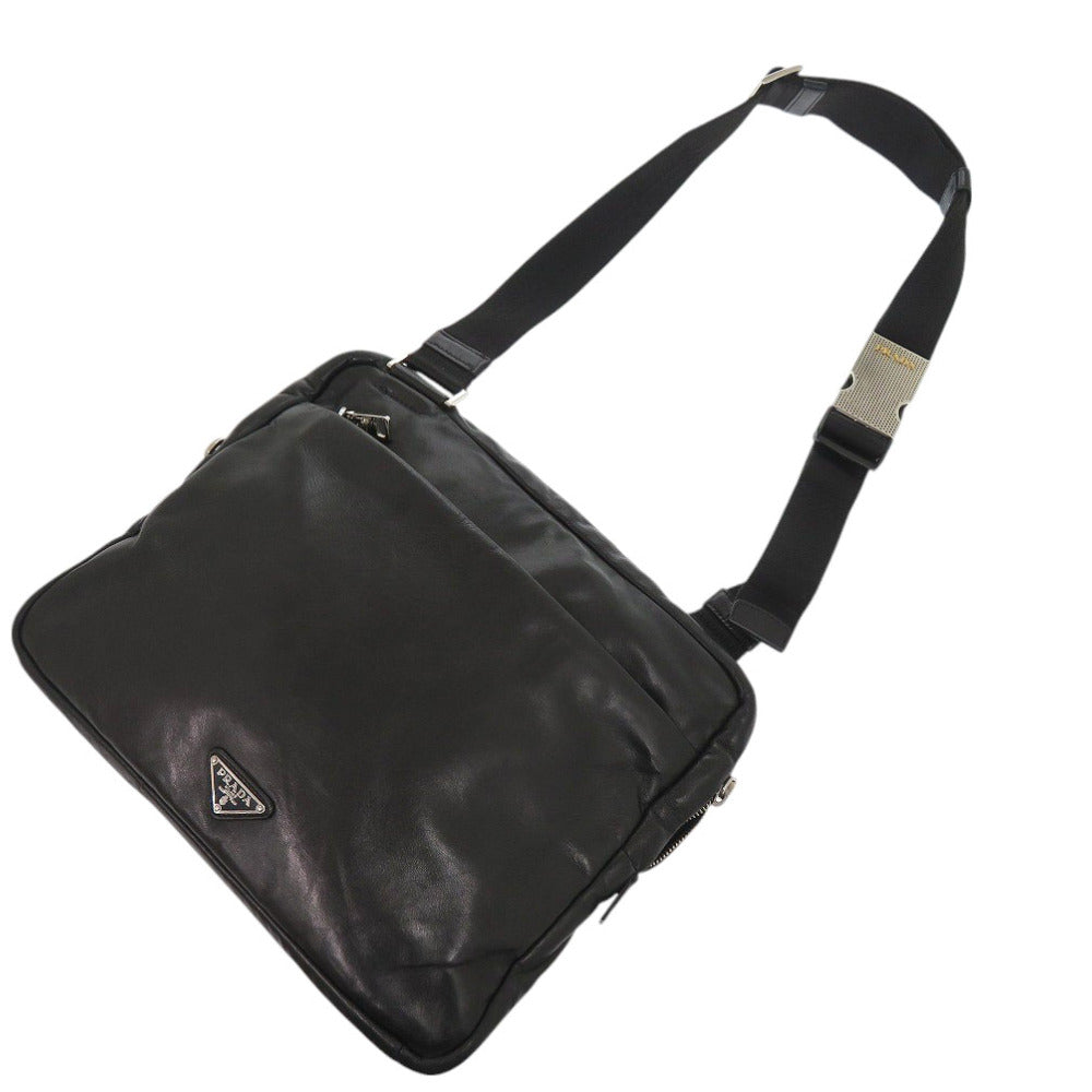 PRADA Shoulder Bag leather black Triangle logo mens Used Authentic